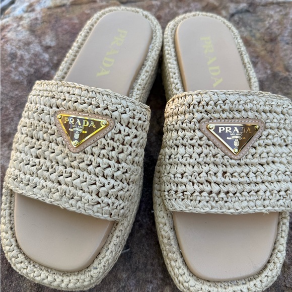 Genuine raffia crotchet PRADA summer Beige Woven Slides slippers - Picture 3 of 12